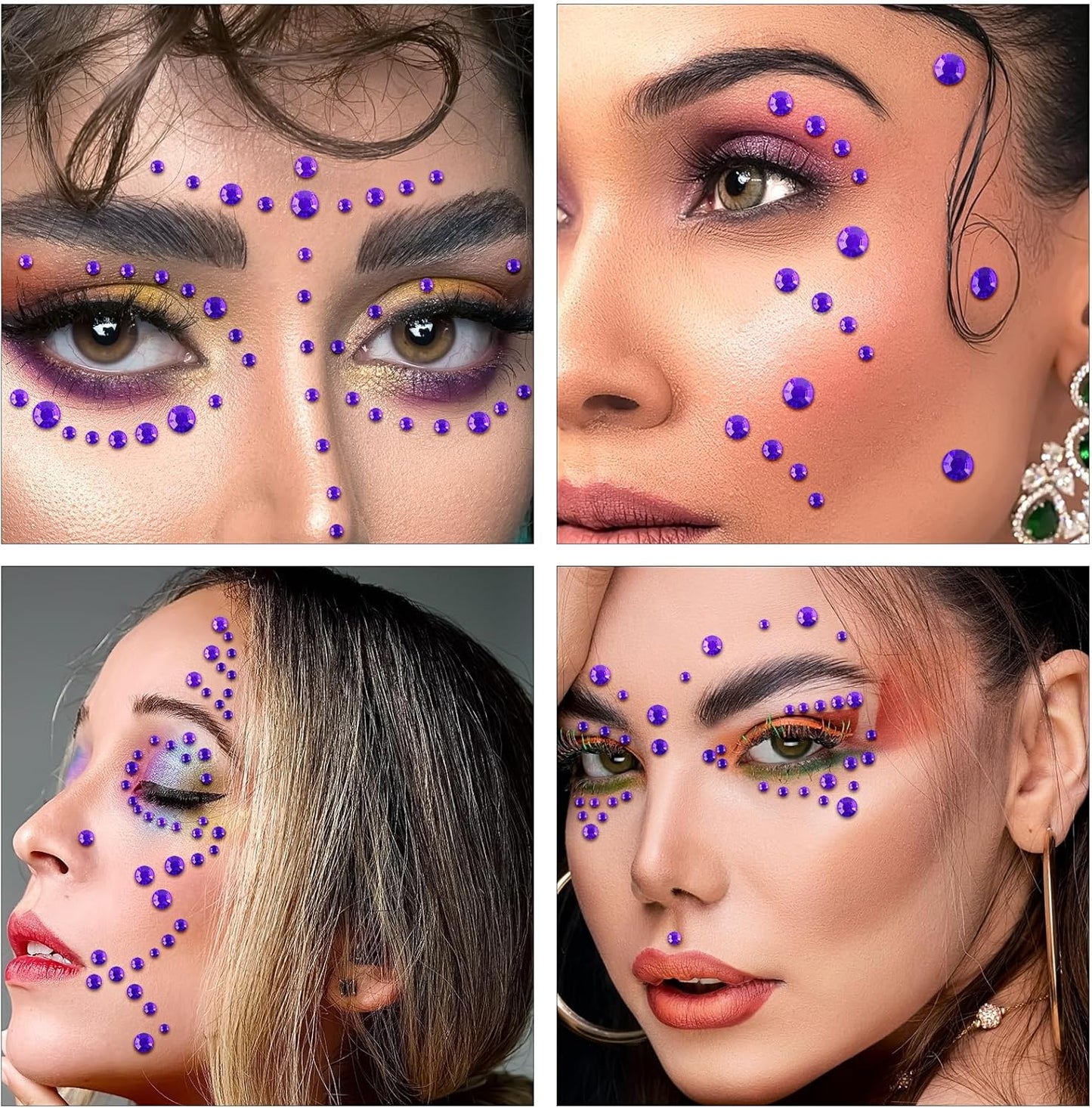 Self Adhesive Face Gems and Pearls for Makeup, Festival Jewels, Hair Gems Pearls, 3/4/5/6/8 mm Round Rhinestone Stickers for Face, Eye, Makeup, Body, Crafts 591Pcs (16_Dark Purple)