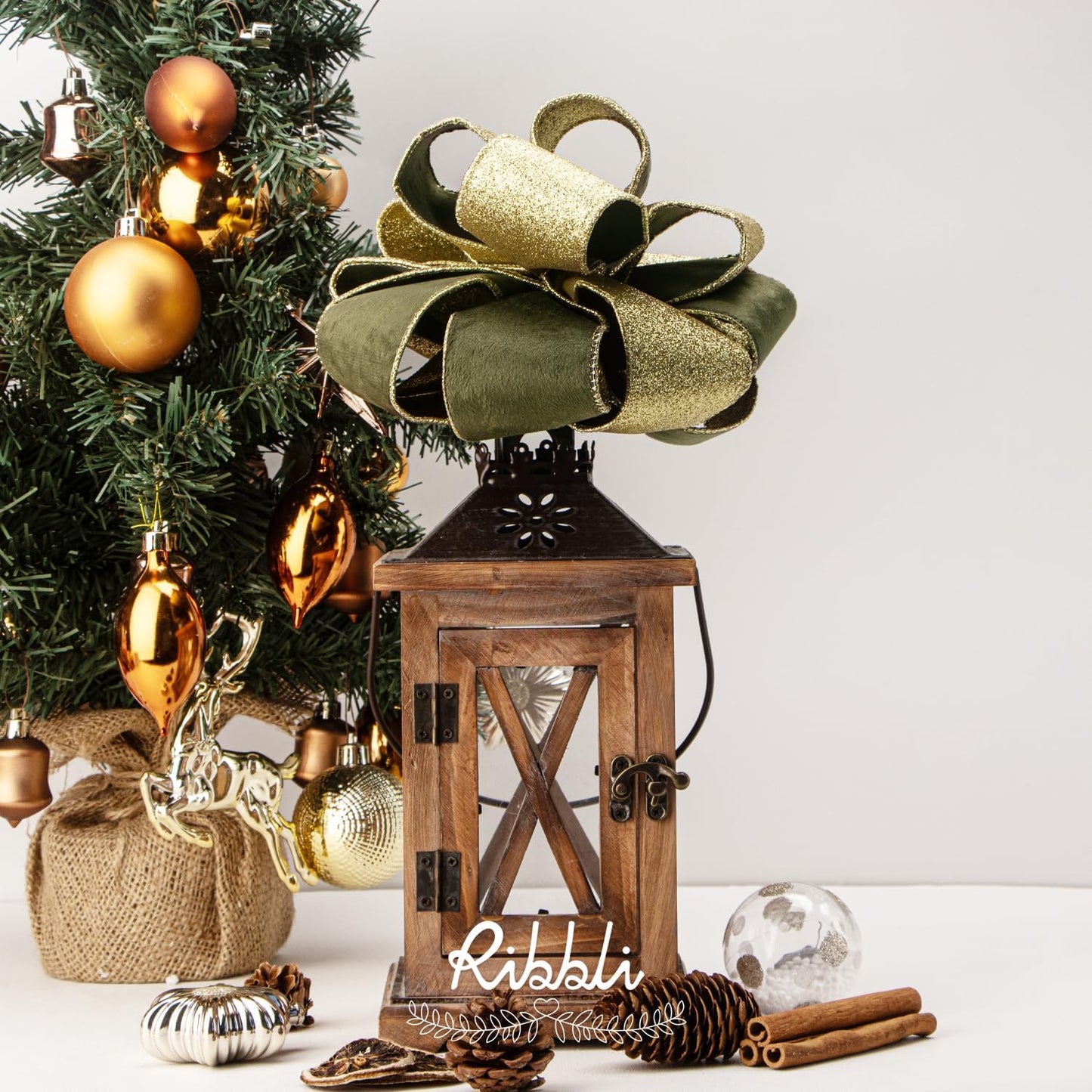 Ribbli Dark Moss Velvet Wired Ribbon 2.5 Inch Moss Green Velvet with Gold Glitter Christmas Ribbon for Christmas Tree Decoration Big Bow Gift Wrapping Crafts Wreaths Supplies- 10 Yards