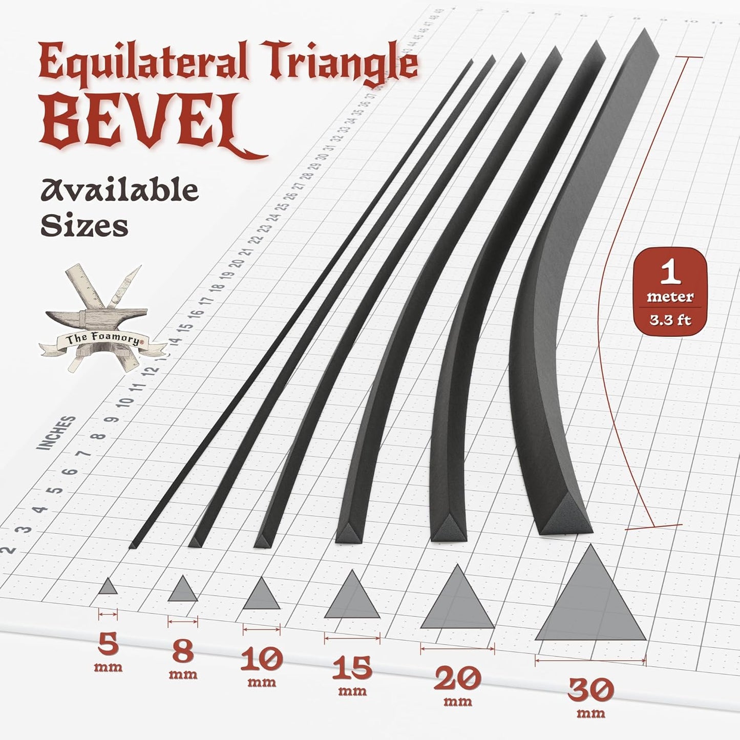 The Foamory's Instant Edge EVA Foam Pre Cut Equilateral Triangle Bevel. 5-30mm x 1M Black EVA Beveled Trim Save Time on Cosplay, Costume Edging and Armor Detail. High Density 85kg/m³ Craft Foam Dowel