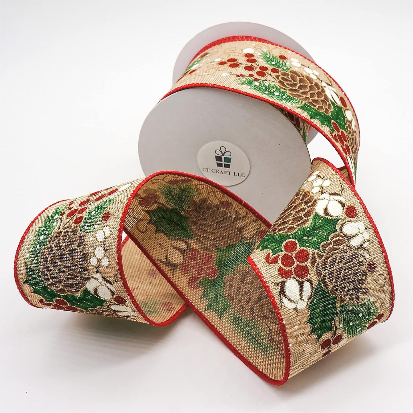 CT CRAFT LLC Tan Faux Jute Burlap with Pinecones Wired Ribbon 2.5 Inch x 10 Yards for Christmas Home Decor Tree Topper Bow Gift Wrapping DIY Crafts Wreath Garland