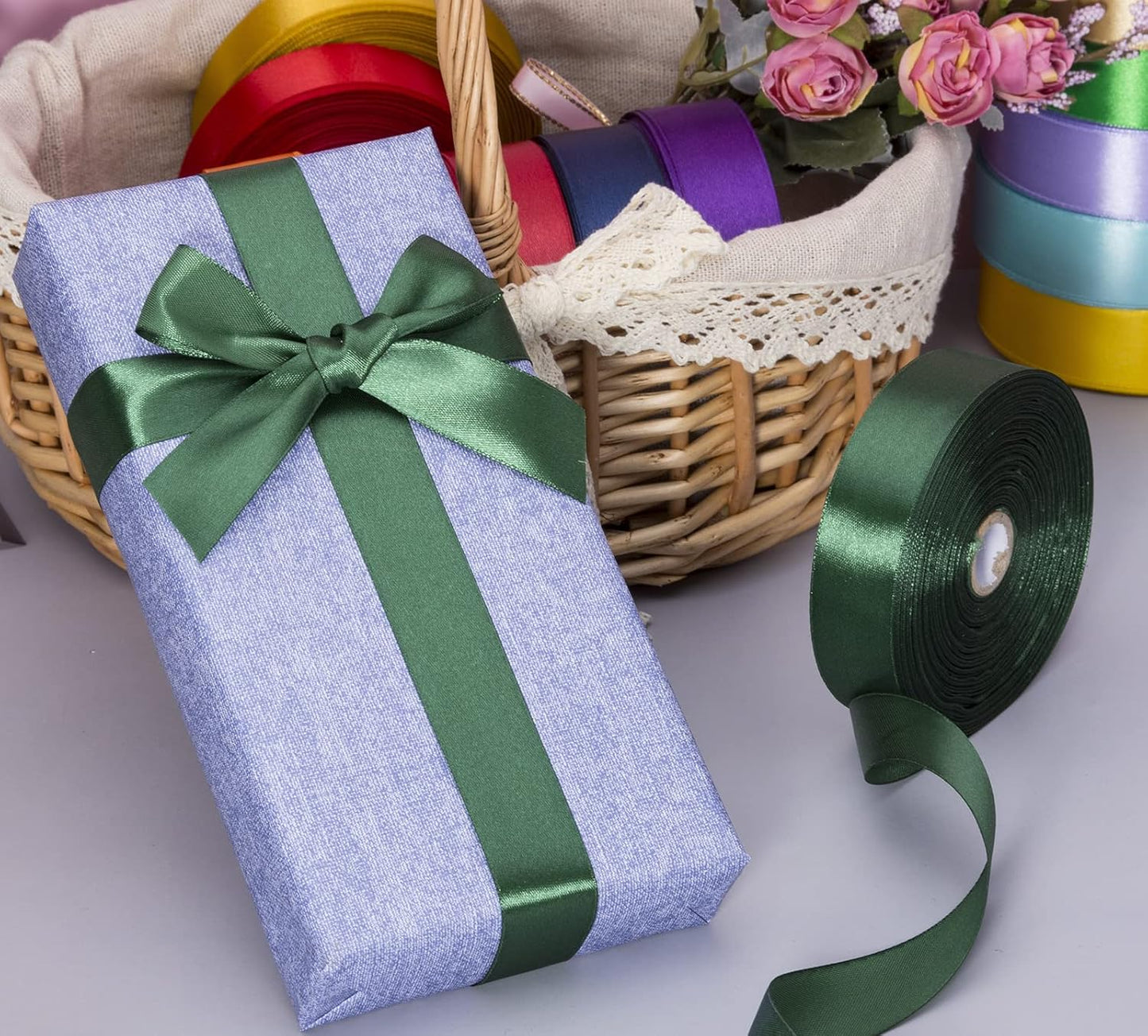 1 Inch Dark Green Solid Satin Ribbon, 50 Yards Craft Fabric Ribbon for Gift Wrapping Floral Bouquets Wedding Party Decoration