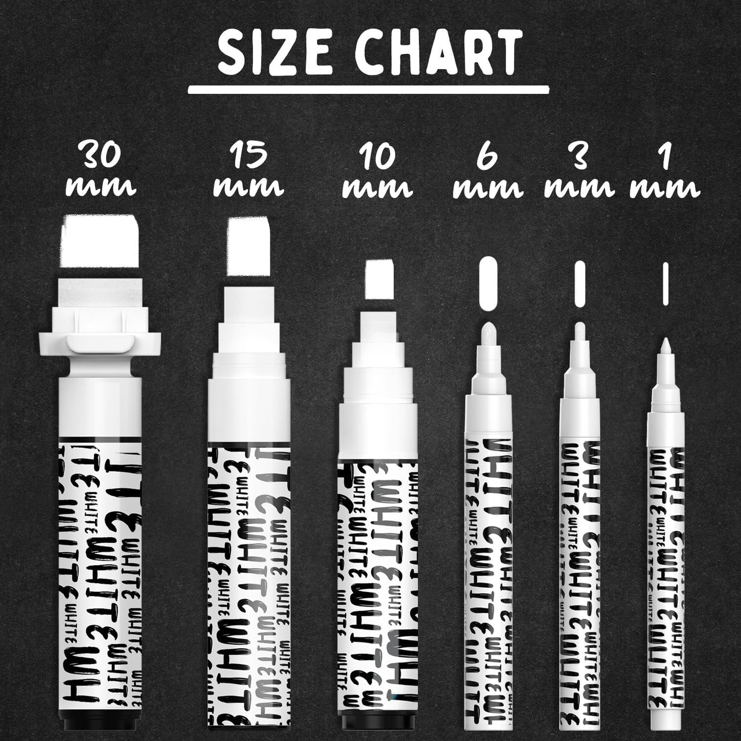 Chalkola 6 White Chalk Markers for Blackboard, Chalkboard Signs, Car Window, Bistro, Glass | Washable Fine Tip, Bold & Jumbo Size Dry Erase Liquid Chalk Pens Erasable (1mm, 3mm, 6mm, 10mm, 15mm, 30mm)