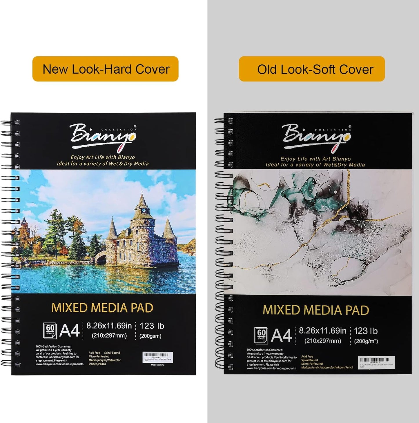 Bianyo Mixed Media Paper Pad, A4 (8.26" X 11.69"), 60 Sheets/Each, 123 LB/200 GSM, Pack of 1 Pad, Spiral-Bound Pad, Ideal for Wet & Dry Media Like Art Marker, Watercolor, Acrylic, Pastel, Pencil