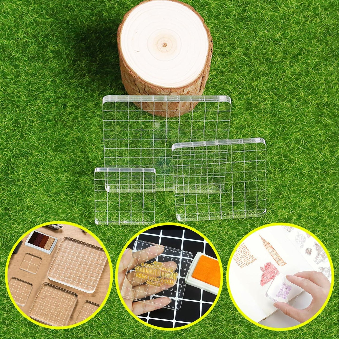 3Pcs Clear Stamp Blocks Set, Square Acrylic Blocks for Stamping With Grid Lines, Tools for Scrapbooking Crafts
