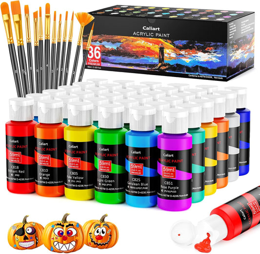 Caliart Acrylic Paint Set with 12 Brushes, 36 Colors (59ml, 2oz) Art Craft Paints Gifts for Artists Adults Beginners Painters, Halloween Pumpkin Canvas Ceramic Rock Painting Kit Art Supplies
