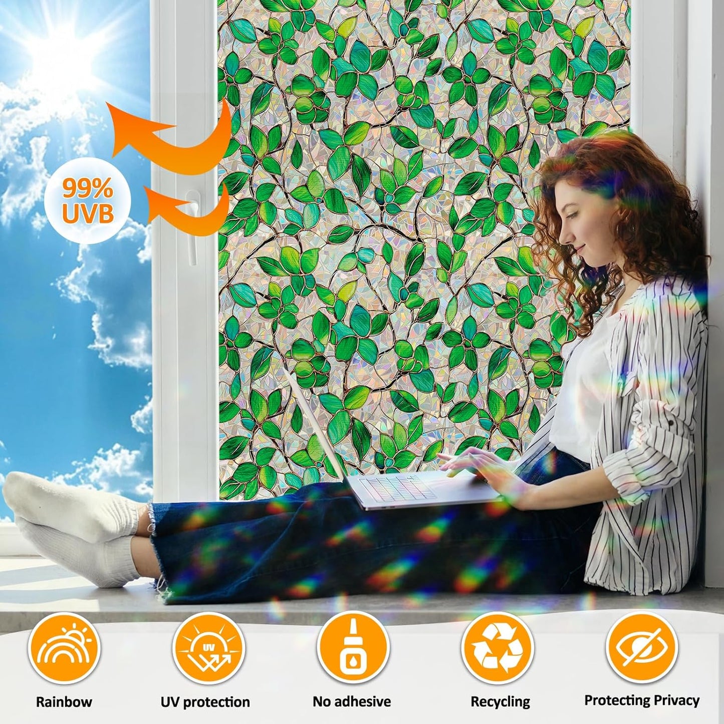 Window Privacy Film Stain Glass Window Film Rainbow Window Film Window clings Non-Adhesive Reusable Decorative for Room (Greenery Leaf, 17.5 x 157.4 in)