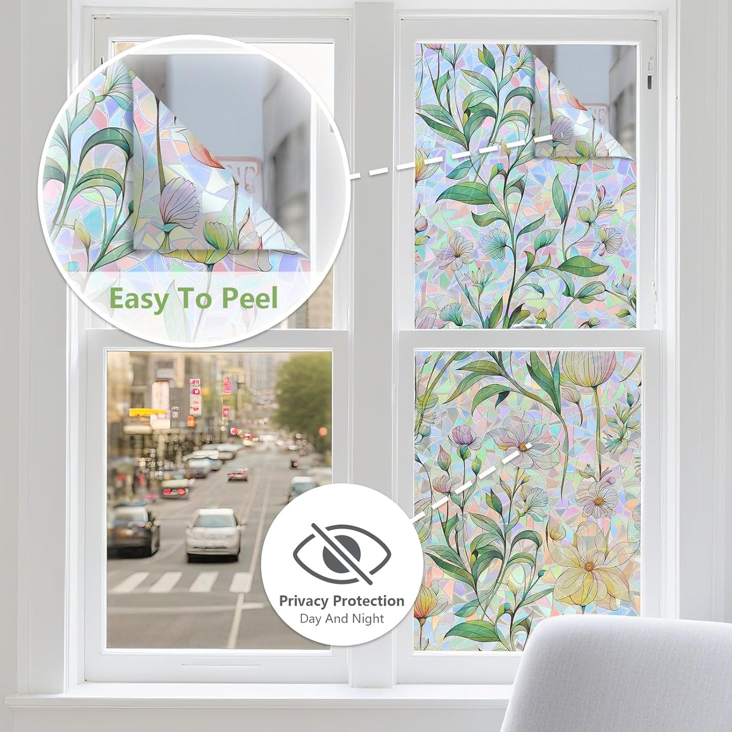 FINNEZ Window Privacy Film Stain Glass Film Flowers Rainbow Window Film Window Clings Non-Adhesive Reusable Decorative for Home（Forest Rainbow，35.4 Inch x 13.1 Feet）