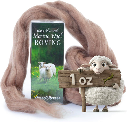 Desert Breeze Distributing 100% Natural Merino Wool Roving - Premium Combed Top Merino Roving Wool - Tapestry, Spinning, Wet Felting & Needle Felting Supplies - 21.5 Micron - 1 oz, Color Mocha Brown