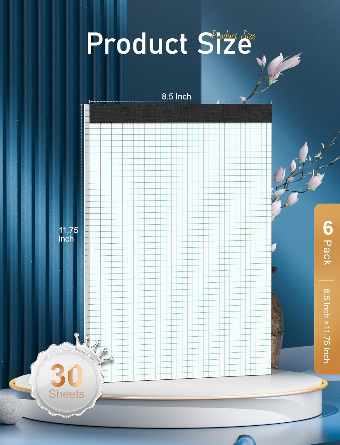 Graph Paper Pads 8.5 x 11, 6 Pack, 4x4 Blue Quad Grid Paper Pad, White Quadrille Pad 8-1/2" x 11", Easy Tears Off, Grid Notebook 8.5 x 11, White 70 GSM Graft Paper, 30 Sheets/Pad