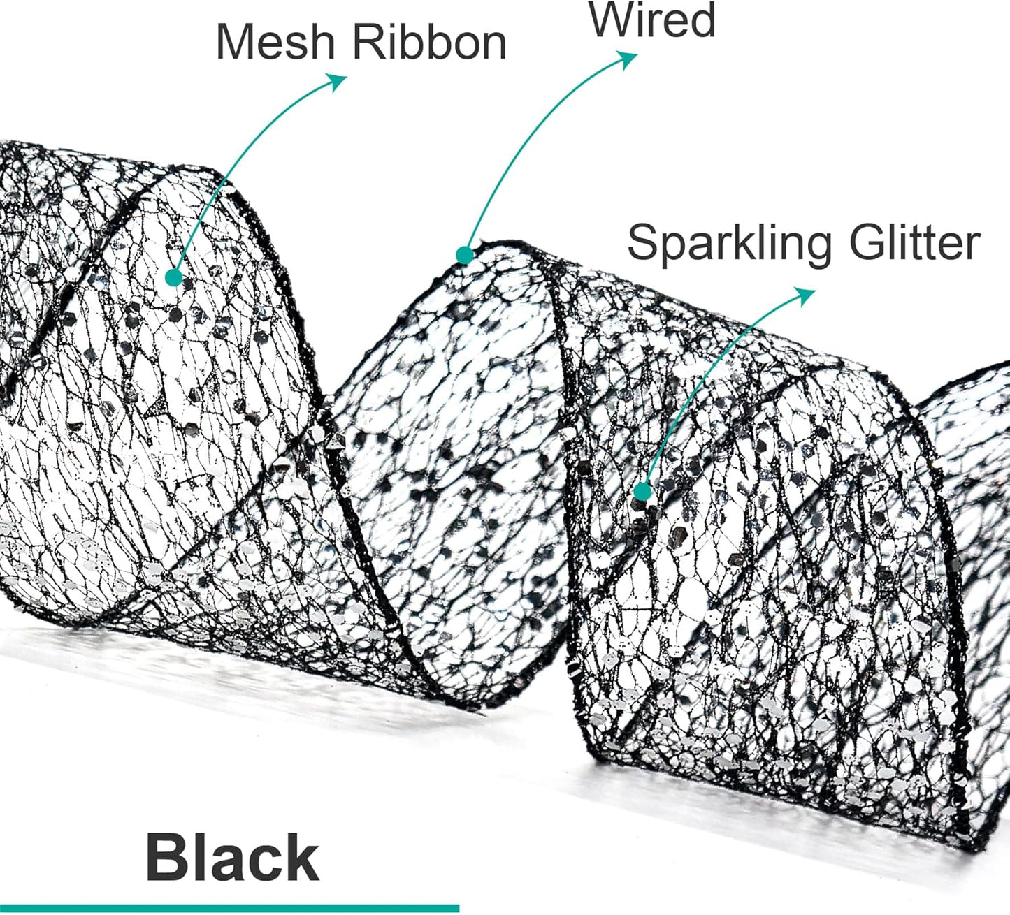 CT CRAFT LLC Sparkling Glitter Mesh Wired Ribbon 6" x 10 Yards Black for Christmas Home Decor Bow Gift Wrapping DIY Crafts Wreath