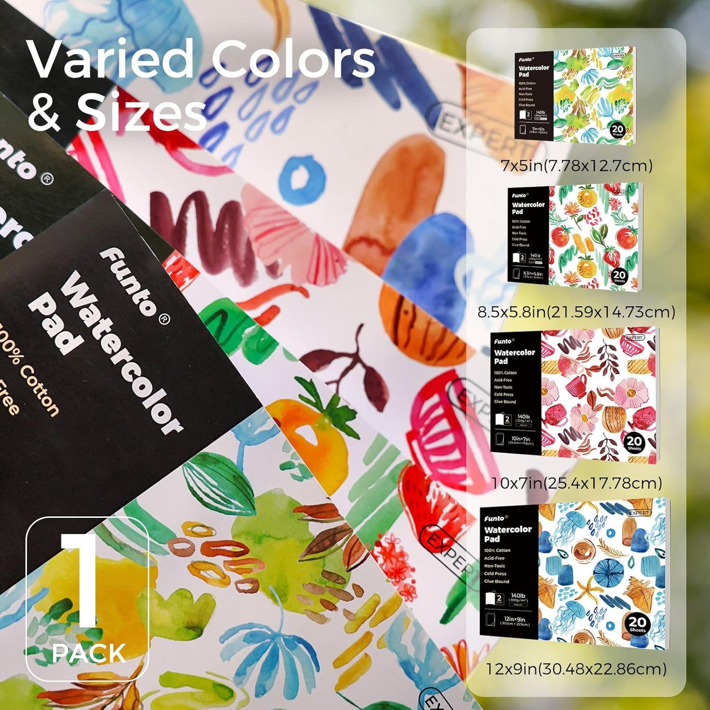 Funto Watercolor Pad, 12×9", 20 Sheets, 140lb/300gsm, 100% Cotton, Cold Press, Glue Bound, Double-Sided, Easy Tear Heavyweight Art Paper for Painting