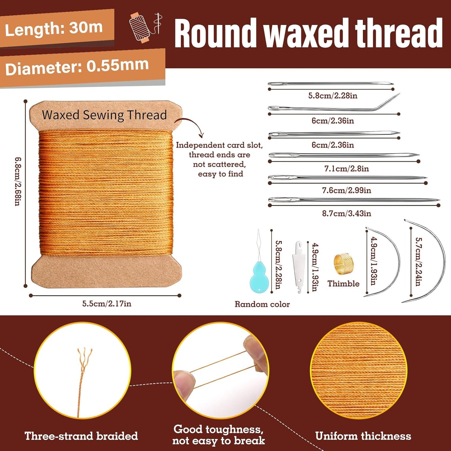 Repair Sewing Kit, Upholstery Needle and Thread Kit with 32 Yard Waxed Thread and 8 Pcs Heavy Duty Leather Needles for Hand Stitching, Canvas & Quilting - 0.55mm Round Waxed Cord Coffee