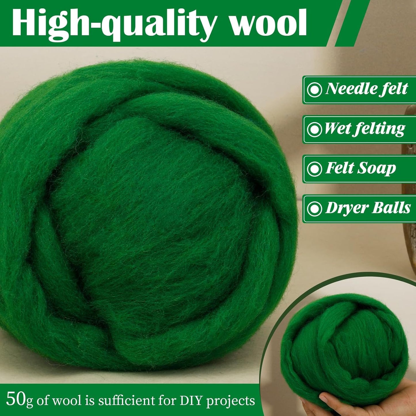 Mayboos Wool Roving Yarn, 1.76oz Colored Natural Wool Roving,Wool Felting Supplies Pure Wool Chunky Yarn for Wet Felting handcrafts and Spinning (Green Color)