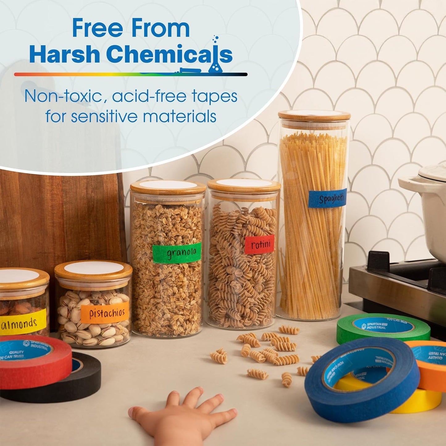 Spartan Industrial - 1" X 60 yd Green Tape - 6 Colored Masking Tape Rolls for Home, Office, School Use - No Residue, 5.5 Mil