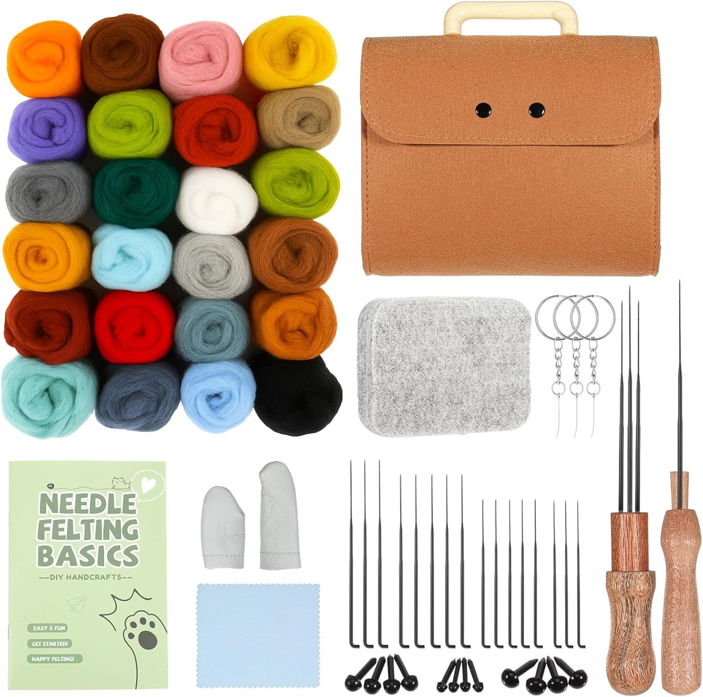 Prasacco 62 Pcs Needle Felting Kit, Felting Kits for Beginners Adult Including 24 Colors Wool Roving, Felt Needles, Felt Pad, Needle Handle, Finger Bed, Keychain, Fake Eyes, Storage Bag, Instruction