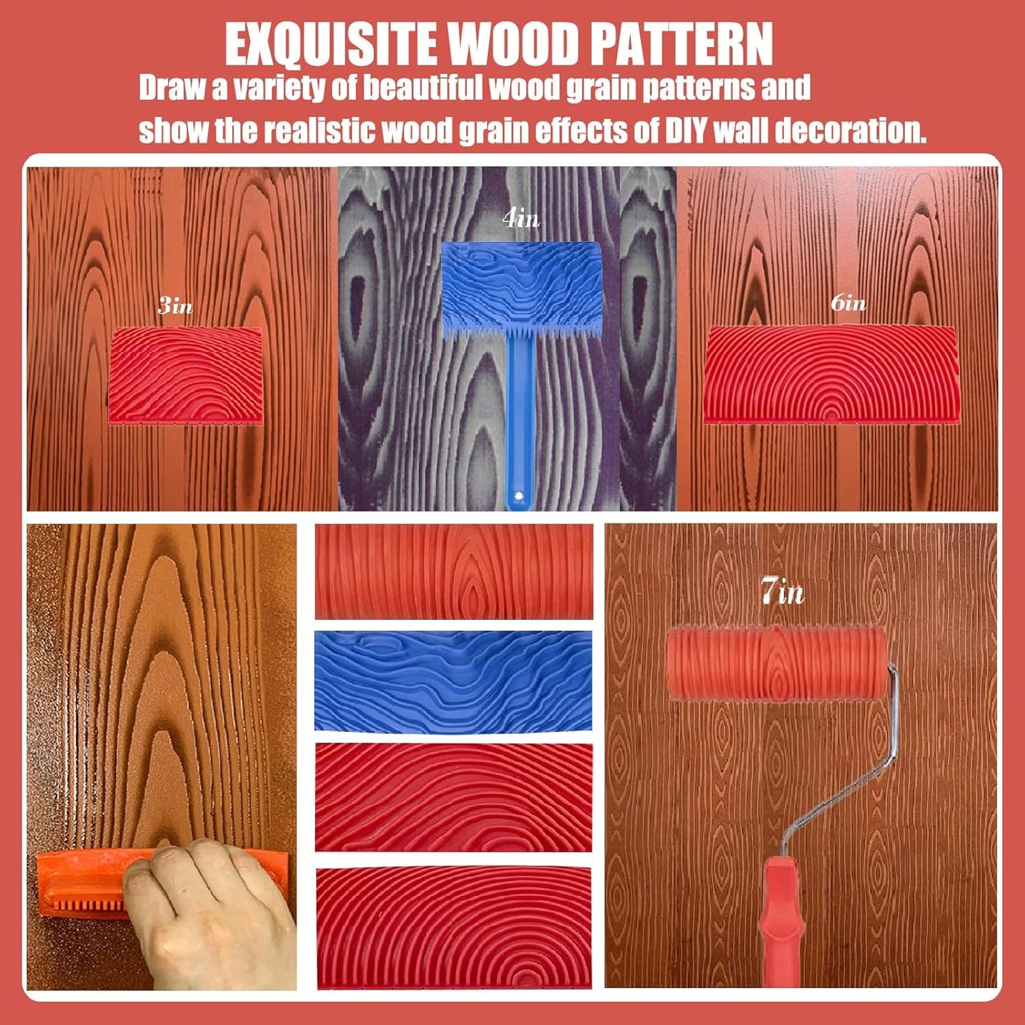 Wood Grain Tool, 6pcs 7" Fake Wood Grain Roller Painting Tool with Handle DIY Rubber Wood Grain Painting Tool Look Like Wood for Wall Room Art Paint Decoration