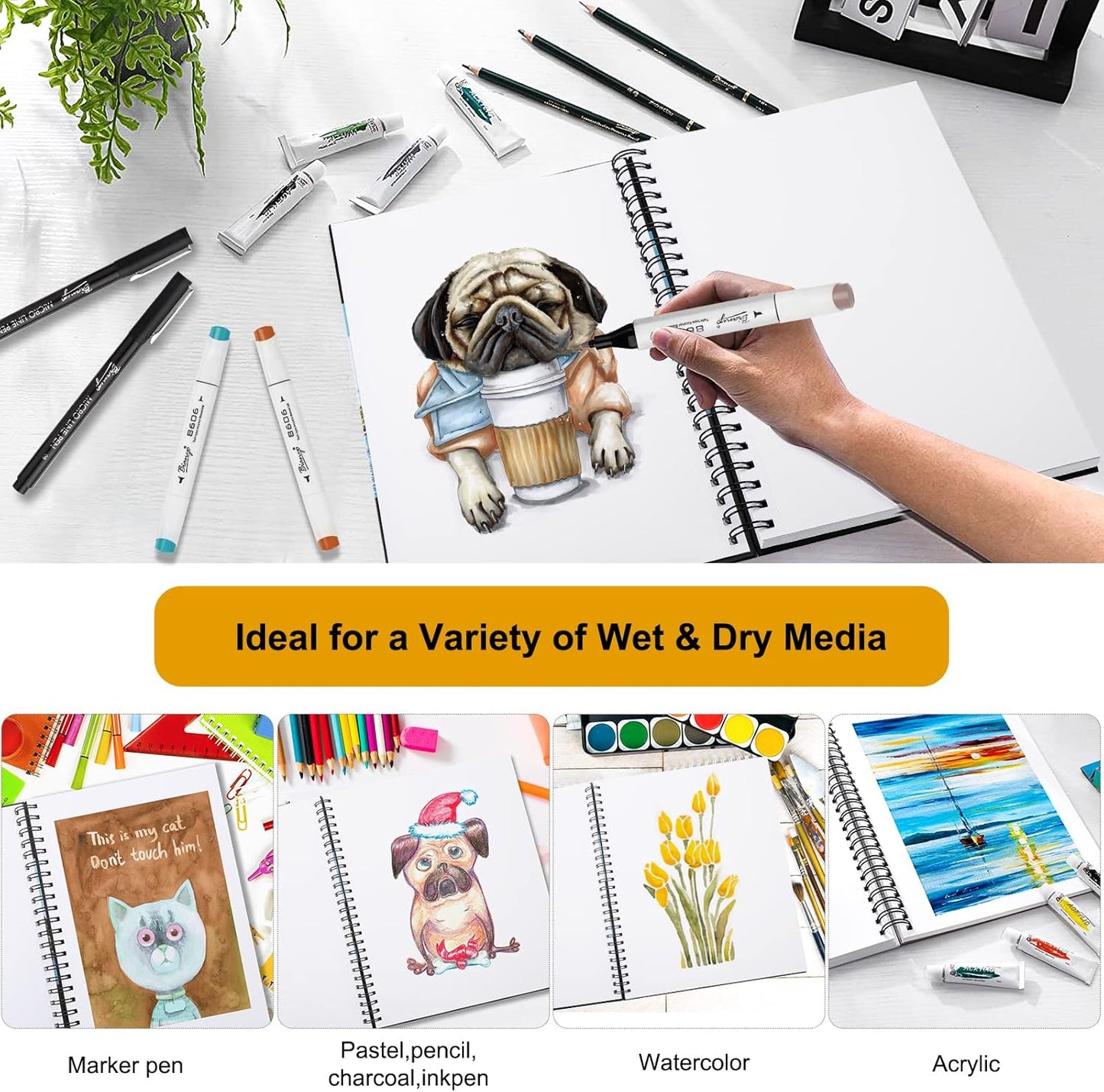 Bianyo Mixed Media Paper Sketchbook, 11" X 14", 60 Sheets/Each, 123 LBS/200 GSM, Spiral-Bound Pad, Perforated, Ideal for Wet & Dry Media Like Marker, Watercolor, Acrylic, Pastel, Pencil