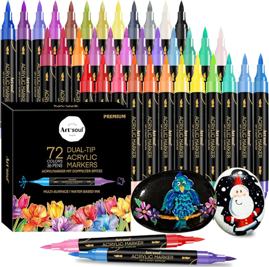 72 Colors Acrylic Paint Pens, 36 Pack Dual Tip Acrylic Paint Pens Markers for Rock Painting, Wood, Stone, Canvas, Ceramic, Glass Surfaces, DIY Crafting & Art Supplies