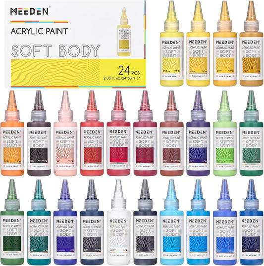 MEEDEN Soft Body Acrylic Paints Set: Matte Finish 24 Colors x 60ml/2oz Fluid Acrylic Paints for Art Painting on Canvas Wood & Glass for Students Adults Artists