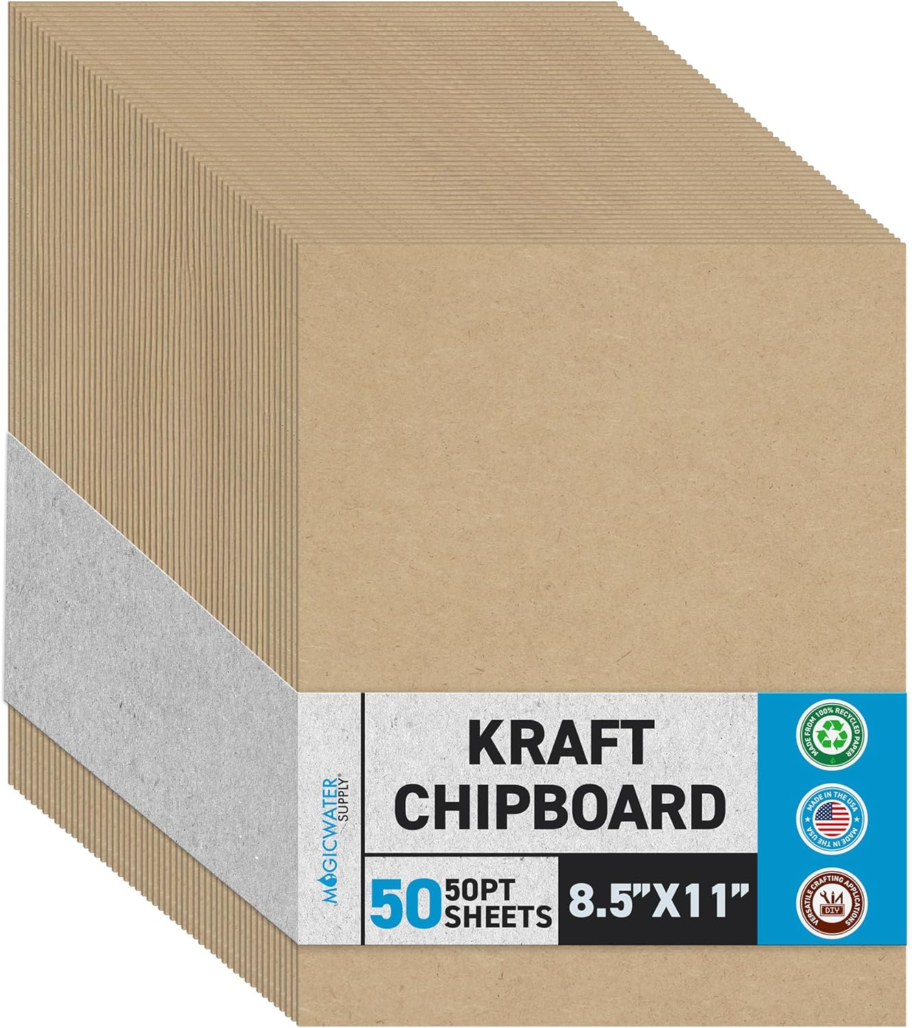 MagicWater Chipboard Sheet for DIY Projects - 8.5x11 Inch - 50 Pack - 50 pt - Heavy Duty Kraft. (0.050 Inch Thick) Paperboard, For Scrapbooking, Books, Picture Frame Backing, Arts Project & Crafts