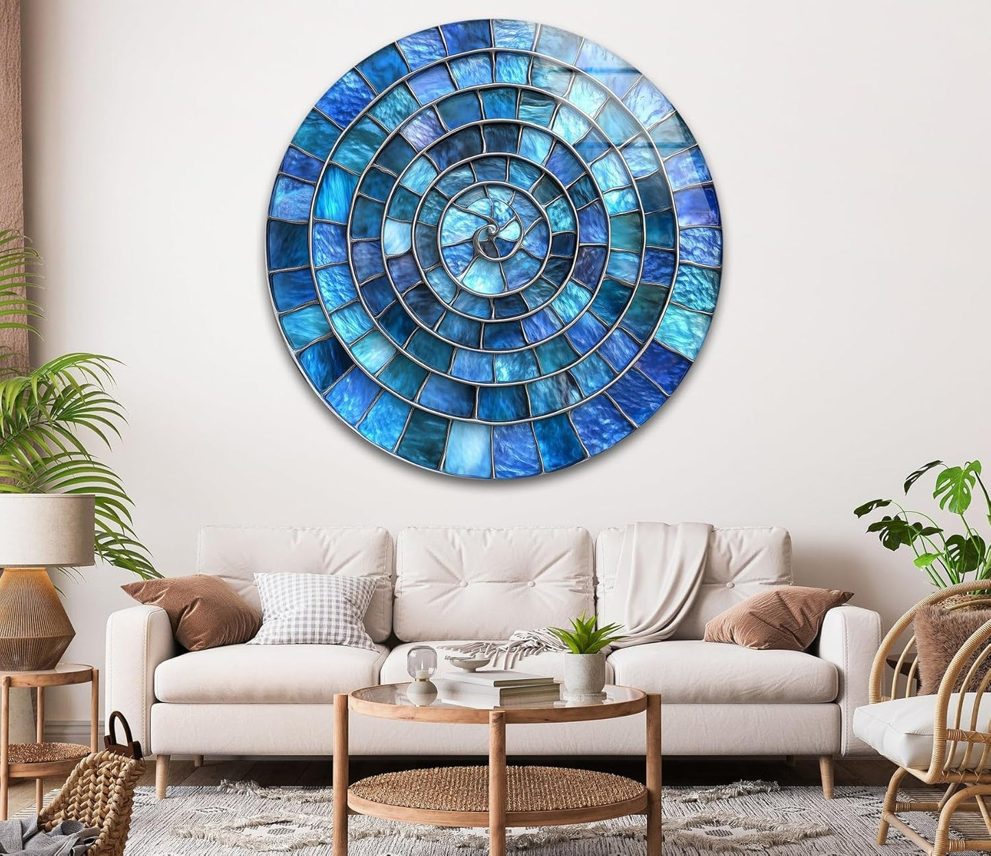 My Photostation.com 10''(25cm) Diameter Blue Aqua Spiral Harmony Round Glass Wall Art Tempered Glass Printing Wall Decor Large Wall Art Wall Hangings