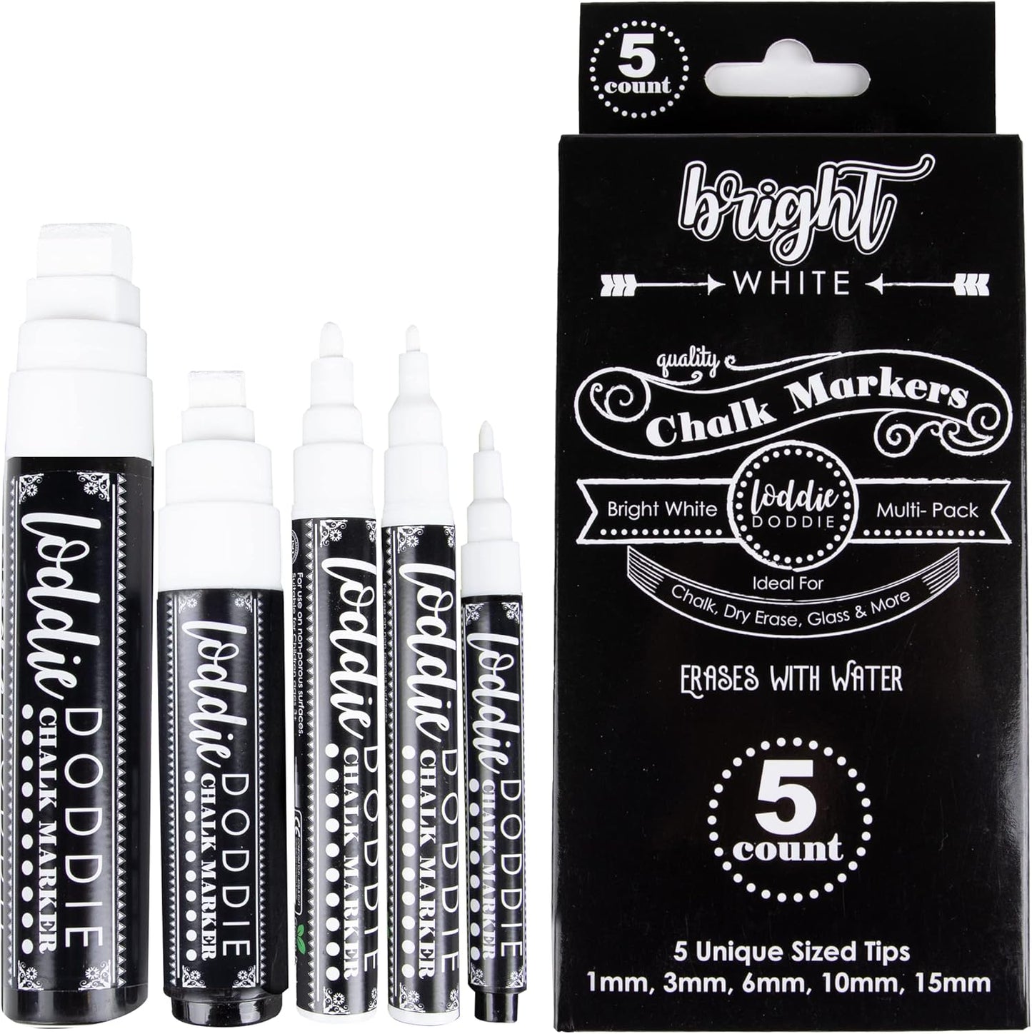 Loddie Doddie Erasable White Chalk Markers for Signs, Blackboard, Glass - Ultra Fine, Medium, Broad Tips (1mm, 3mm, 6mm, 10mm, 15mm) - Liquid Chalk Markers - Pack of 5