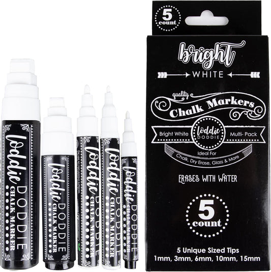 Loddie Doddie Erasable White Chalk Markers for Signs, Blackboard, Glass - Ultra Fine, Medium, Broad Tips (1mm, 3mm, 6mm, 10mm, 15mm) - Liquid Chalk Markers - Pack of 5