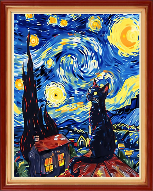 Stamped Cross Stitch Kits - Beach Night Landscape Counted Cross Stitch Kits for Beginners Adults Needlepoint Cross-Stitch Patterns-Van Gogh Starry Cat 16x20 inchs