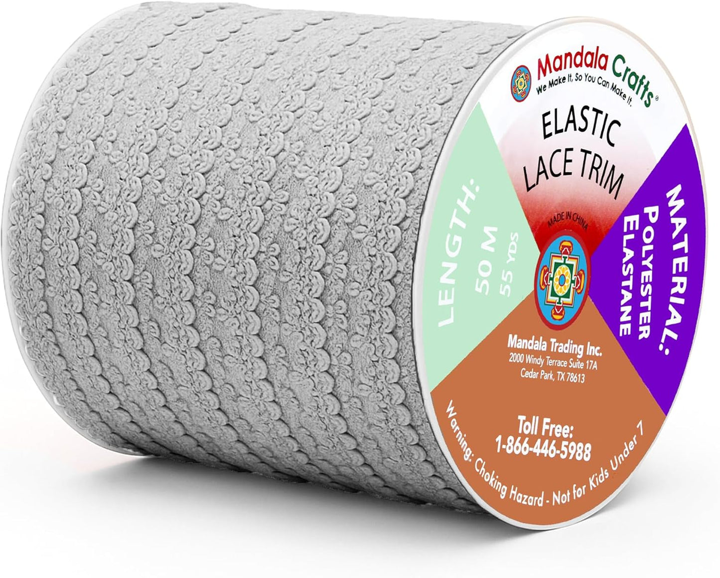 Mandala Crafts Gray Stretch Lace Soft Elastic Trim Roll - 55 Yards 1 Inch Wide Stretchy Frilly Picot Ribbon for Sewing Lingerie, Headbands, Underwear, and Crafts