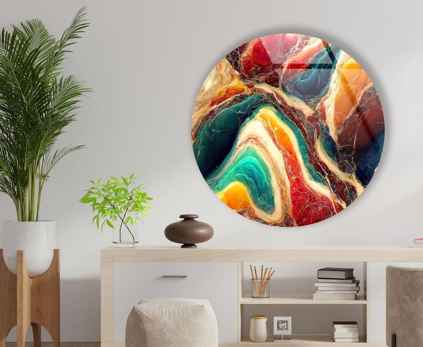 My Photostation.com 39,4''(100cm) Diameter Colorful Marble Swirl Round Wall Art Abstract Glass Decor with Earthy Tones & Gemstone Texture