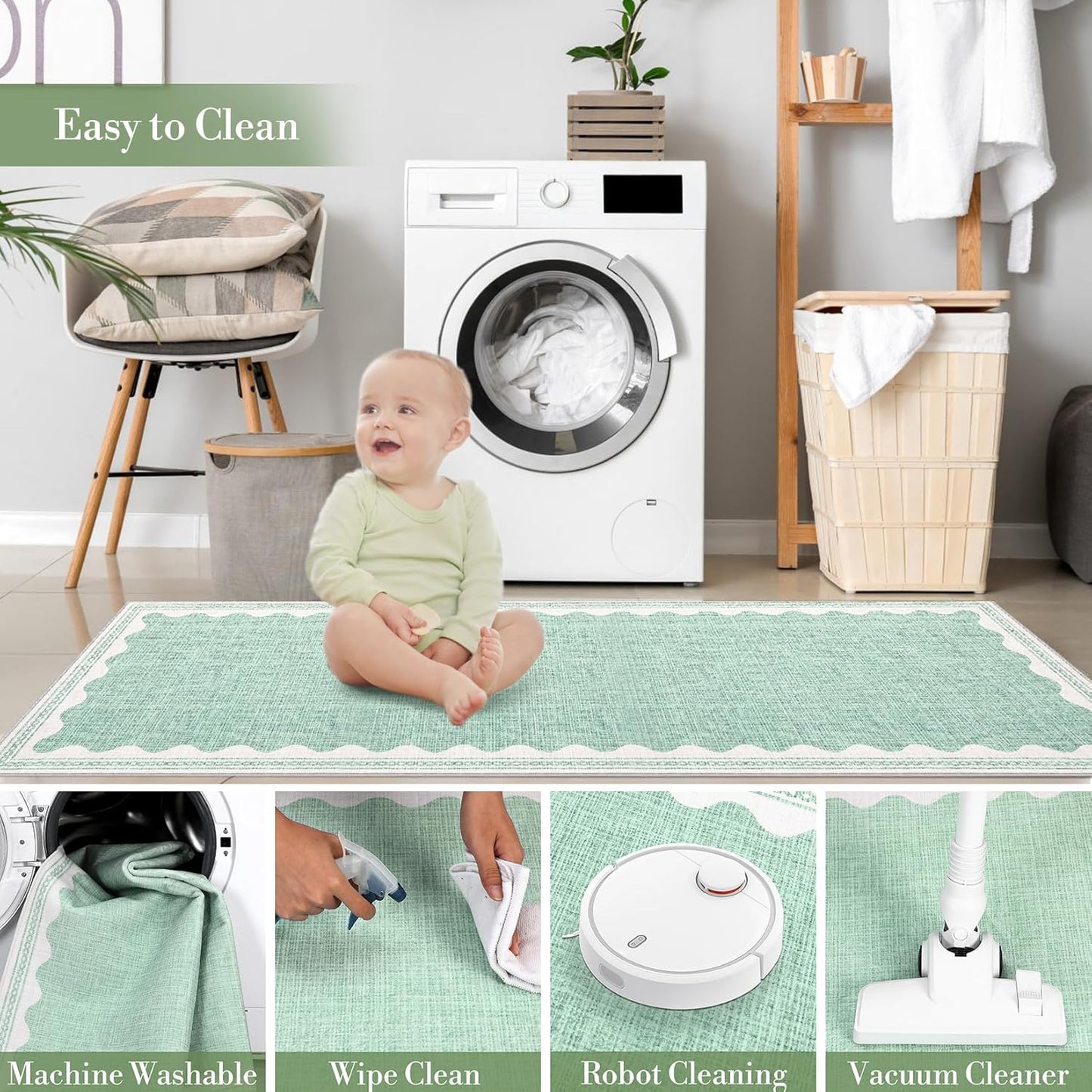 Scalloped 3x5 Rugs for Entryway, Small Area Rug Solid Green Rug for Bedroom Girls, 3x5 Washable Rugs for Living Room, Non Slip Scalloped Bath Mat, Soft Dorm Nursery Carpet for Bedside