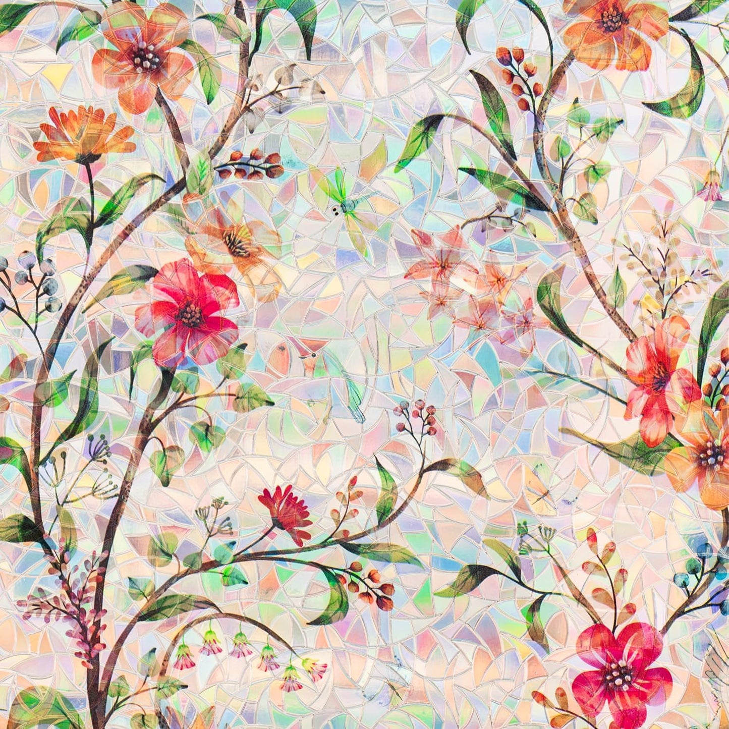 Stained Glass Window Film Static Cling Door Privacy Film Decorative Flowers Green Leaves Window Decals Stickers Heat Control Anti UV for Home and Office,45.2x157 in.