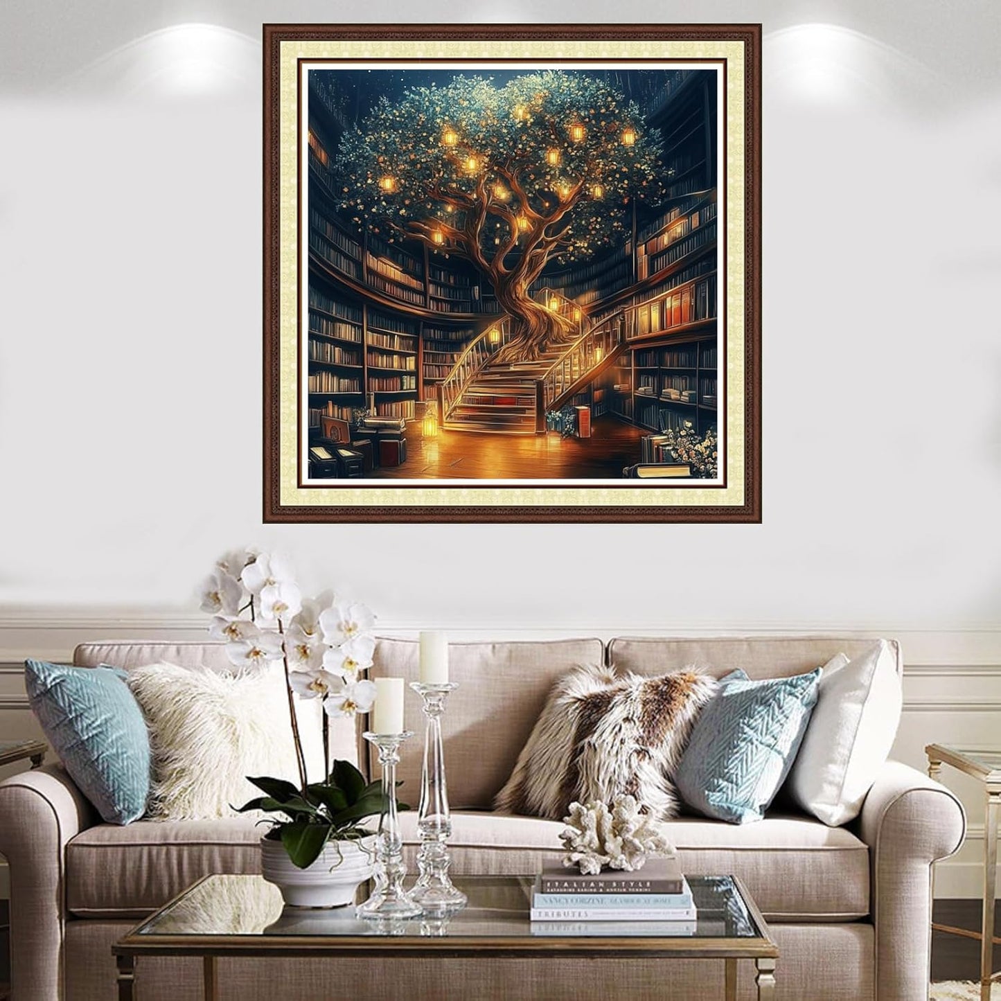 Findvoor Counted Cross Stitch Kits for Adults Full Range of Cross Stitching Embroidery Unprinted Pattern for Beginners, 11CT Needlepoint Kit Patterns Embroidery Kits-Magic Bookstore Tree 18x18inch