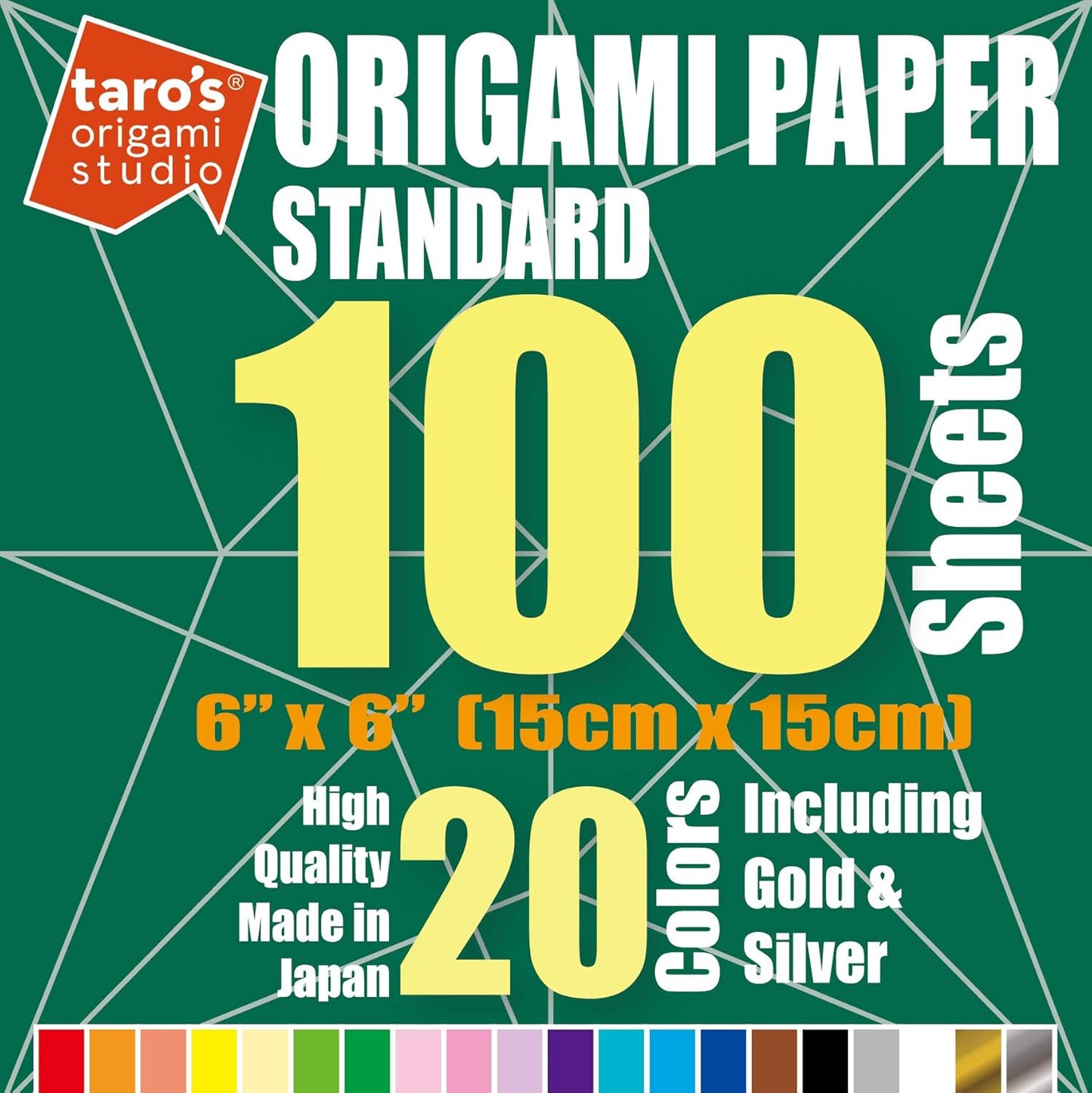 [Taro's Origami Studio] Standard 6 Inch One Sided 20 Colors 100 Sheets Square Easy Fold Premium Japanese Paper for Beginner (Gold and Silver Included) Made in Japan
