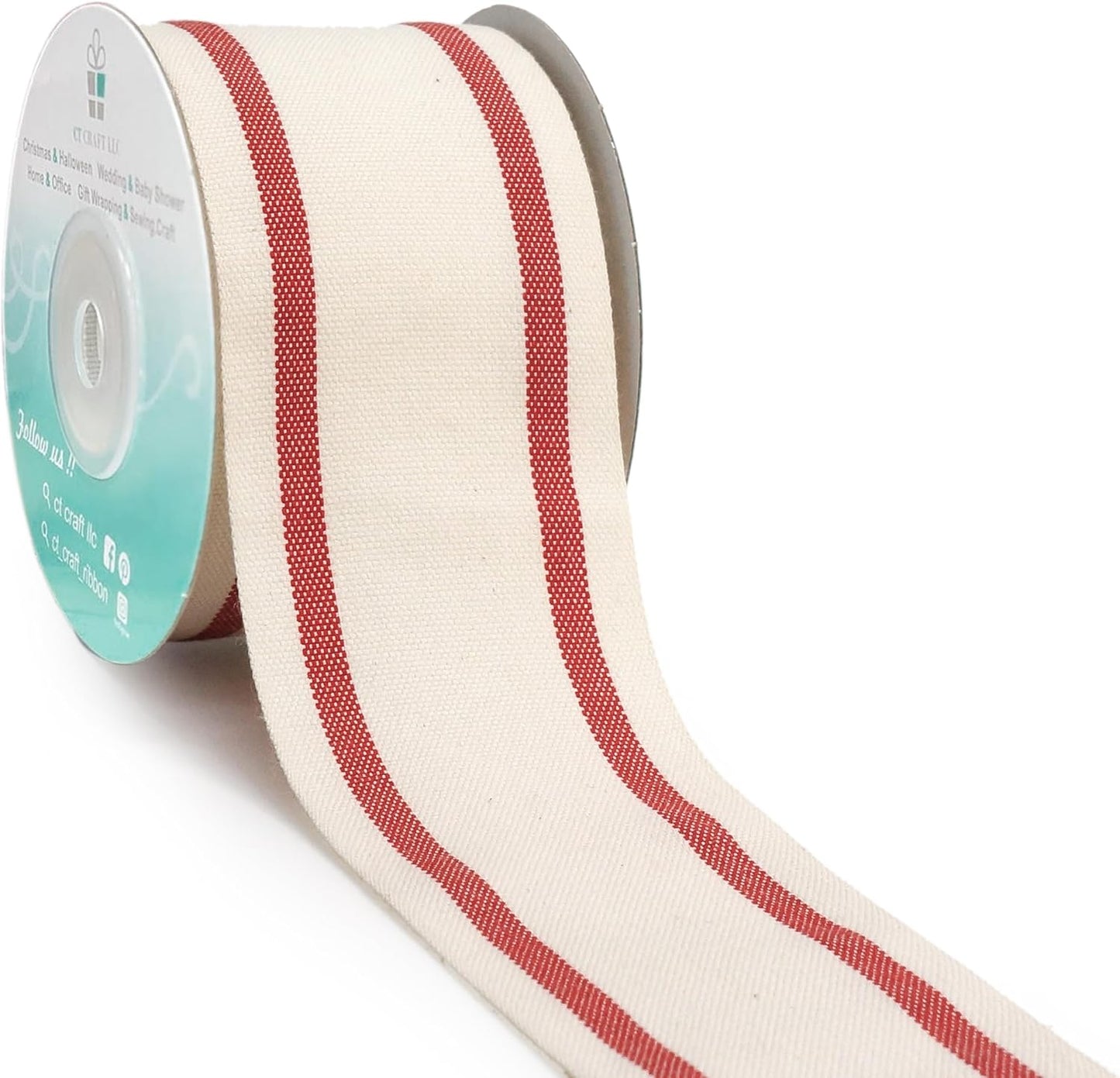 CT CRAFT LLC Ivory Cotton Red Stripes Ribbon 2" x 10 Yards for Home Décor Gift Present Wrapping DIY Crafts Birthday Wedding Bouquet Christmas
