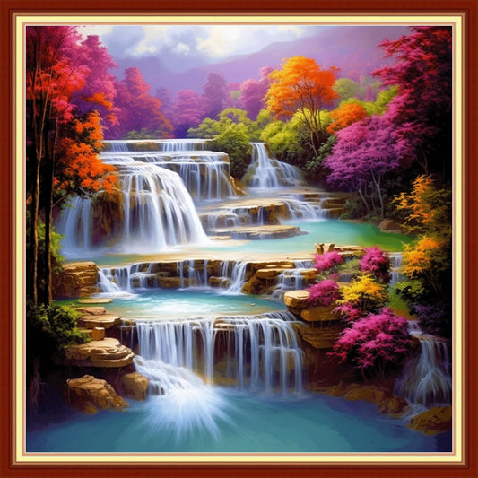 Disxvivy Cross Stitch Stamped Full Embroidery Kits DIY 11CT Cotton Thread Printed DIY Needlepoint Kits Craft Needlework Set Cross-Stitch Stamped Sets-Vernal Fall 18x18 inch