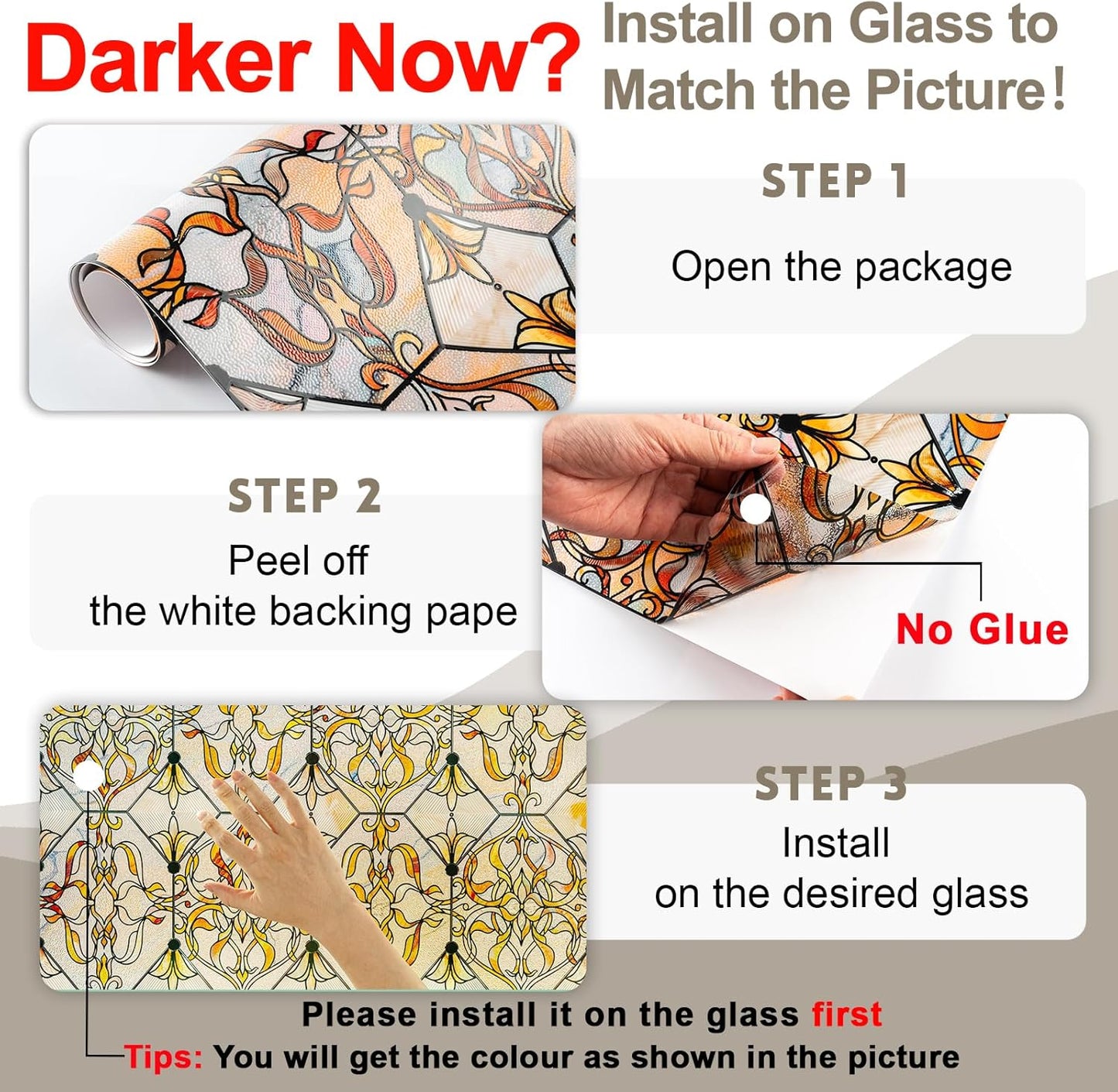 3D Stained Glass Window Privacy Film, Heat Control UV Blocking Static Cling Decorative Window Film for Bathroom,Front Door,Home Non Adhesive 23.6 x 35.4 inches Golden Filigree