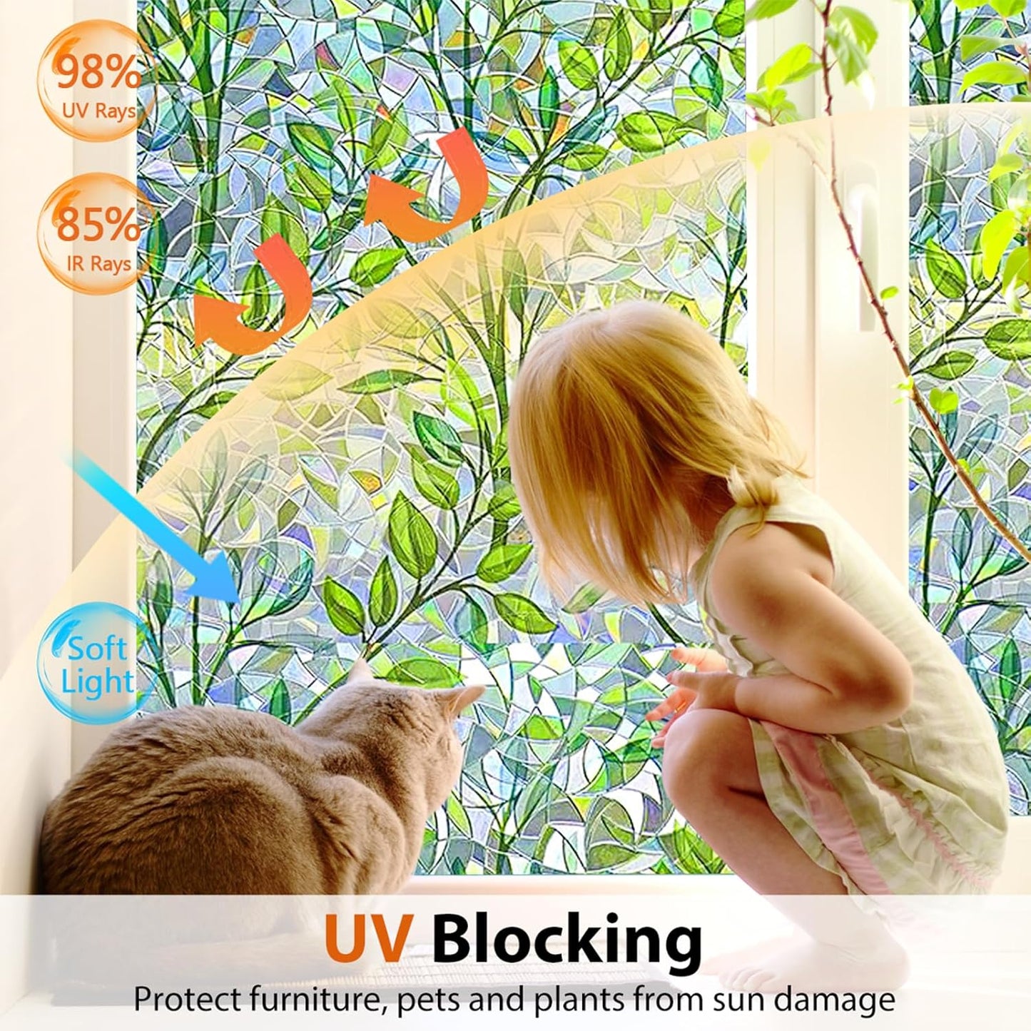 Niviy Window Privacy Film Stained Glass Window Film with Installation Tools, Rainbow Windows Decorative Decals Non-Adhesive Reusable for Home, Bathroom, Glass Door (Leaf Rainbow, 23.6 x 78.7 in)