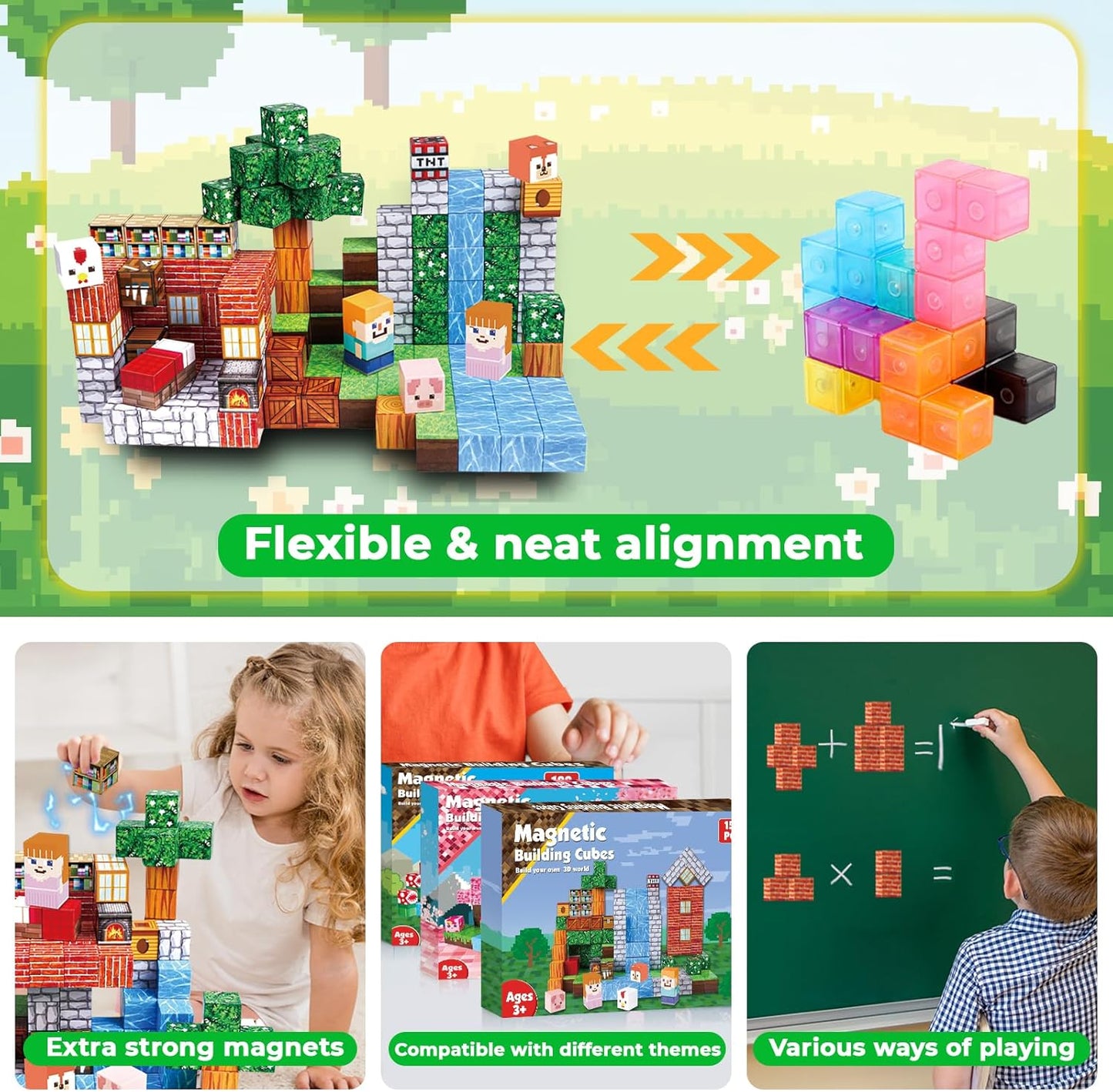 Magnetic Blocks-150PCS Grassland Magnetic Building Blocks Set, Kids Classroom Sensory Toy for Toddlers STEM Learning, Construction Stacking Toy for Kids 3+ Boys and Girls Christmas Birthday Gifts