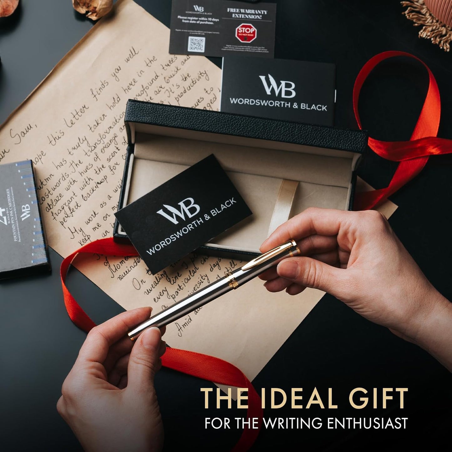 Wordsworth & Black Fountain Pen Set, Medium Nib, Includes 24 Ink Cartridges and Ink Refill Converter, Gift Case, Journaling, Calligraphy, Smooth Writing Pens [Silver Gold], Perfect for Men and Women