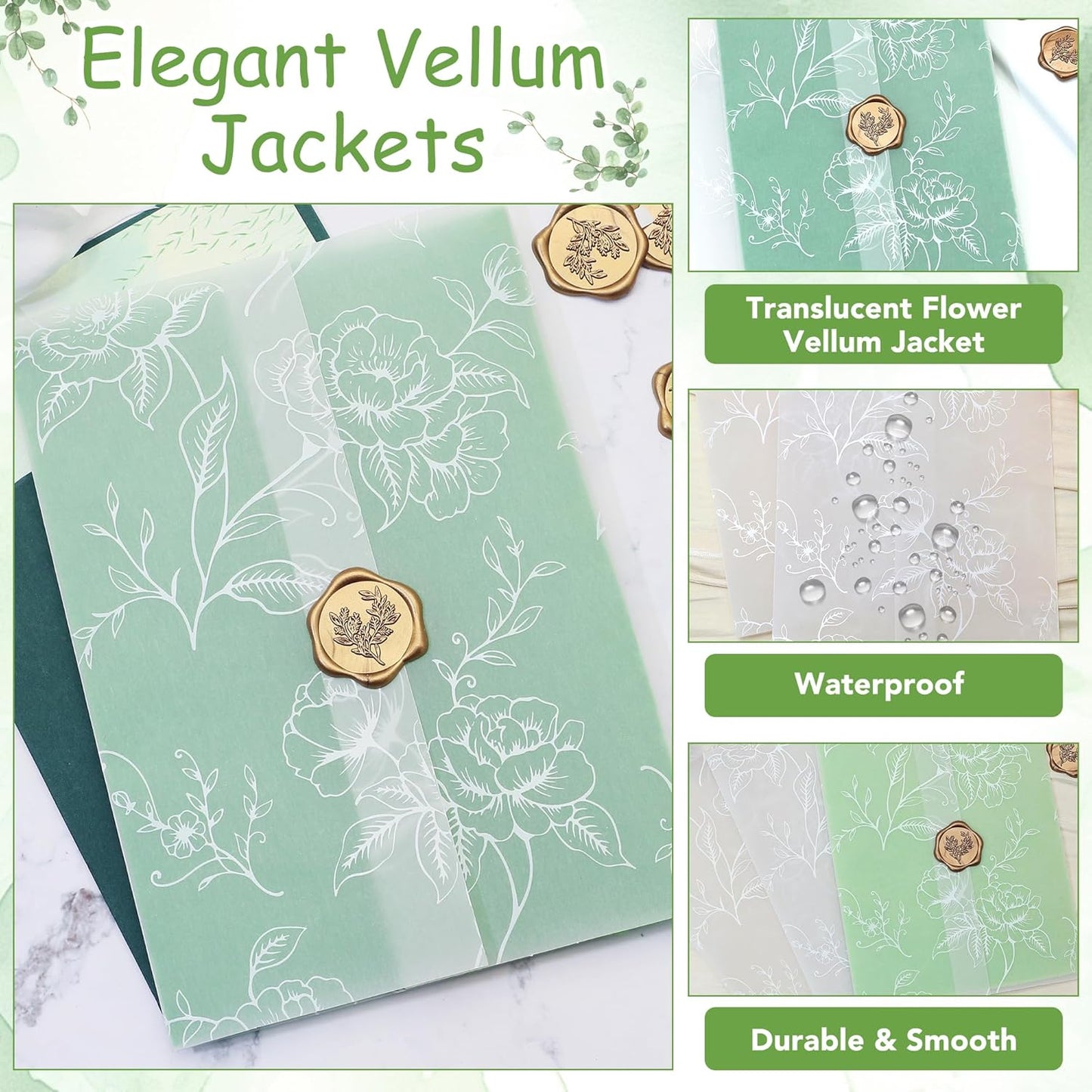 SWANGSA 50 Sets Wedding Invitations Wraps, Vellum Jackets for 5x7 Invitations & Self Adhesive Antique Gold Eucalyptus Wax Seal Stickers for Wedding Bridal Baby Shower Birthday Envelopes (White Rose)