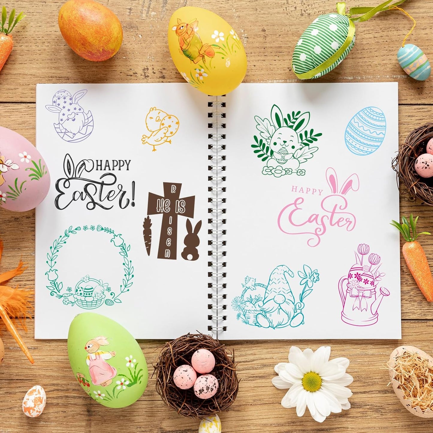 Whaline 5 Sheet Easter Clear Stamps Bunny Rabbit Egg Gnome Words Silicone Transparent Stamps Border Rubber Stamp Cards for DIY Crafts Card Making Scrapbooking Album Supplies