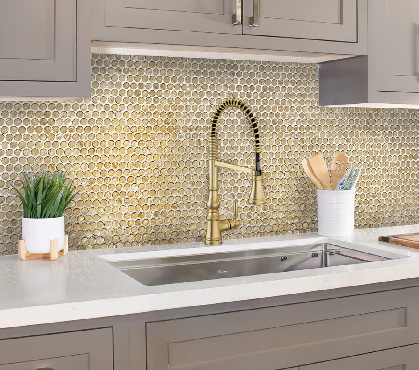 1.03 sq ft/Piece Pack of 1,Glossy Gold Glass Penny Round Mosaic Tiles – 12.2" x 12.2" Mesh-Mounted Sheets, Not Peel & Stick - Kitchen Backsplash, Shower Wall, Bathroom, Fireplace, Interior Decor