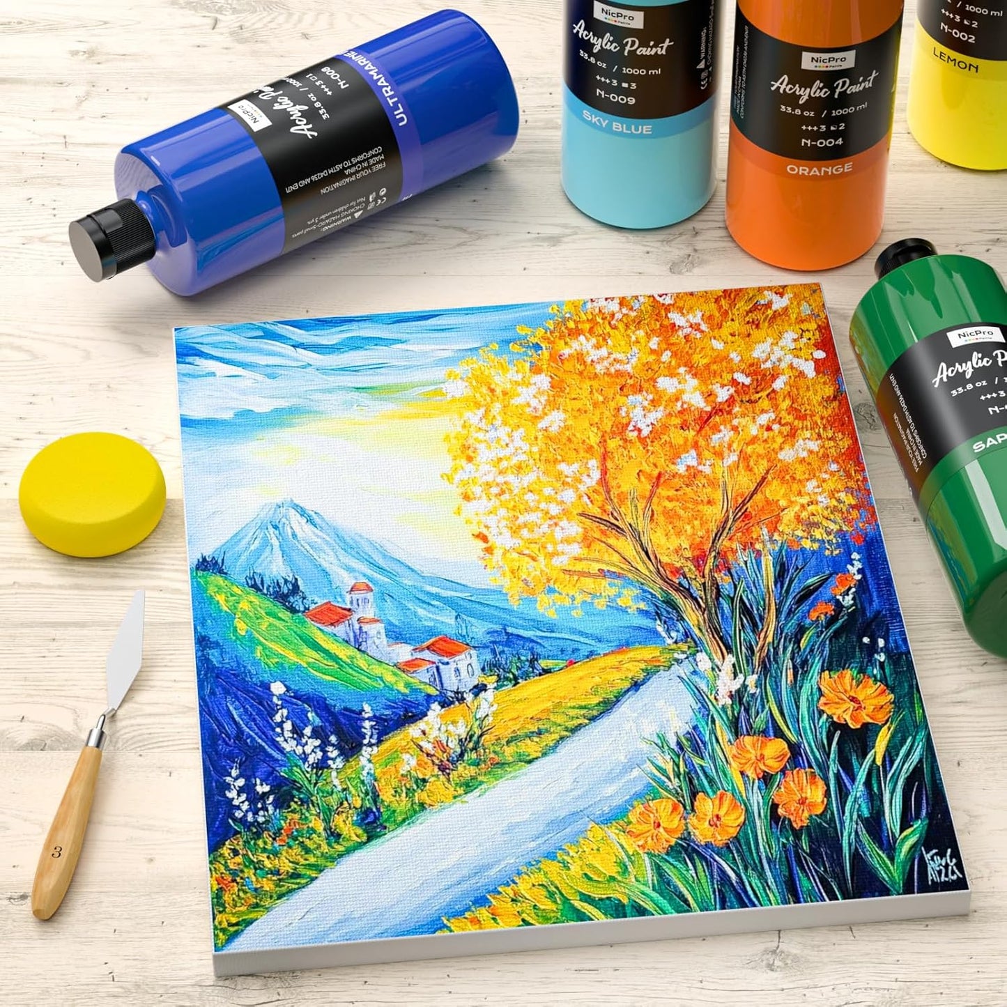 Nicpro 14 Colors Large Bulk Acrylic Paint Set (33.8 oz, 1000 ml) Non Toxic Art Painting Supplies for Kids Students Adults Artists, Rich Pigment for Multi Surface Canvas Fabric Craft Wood Leather Stone