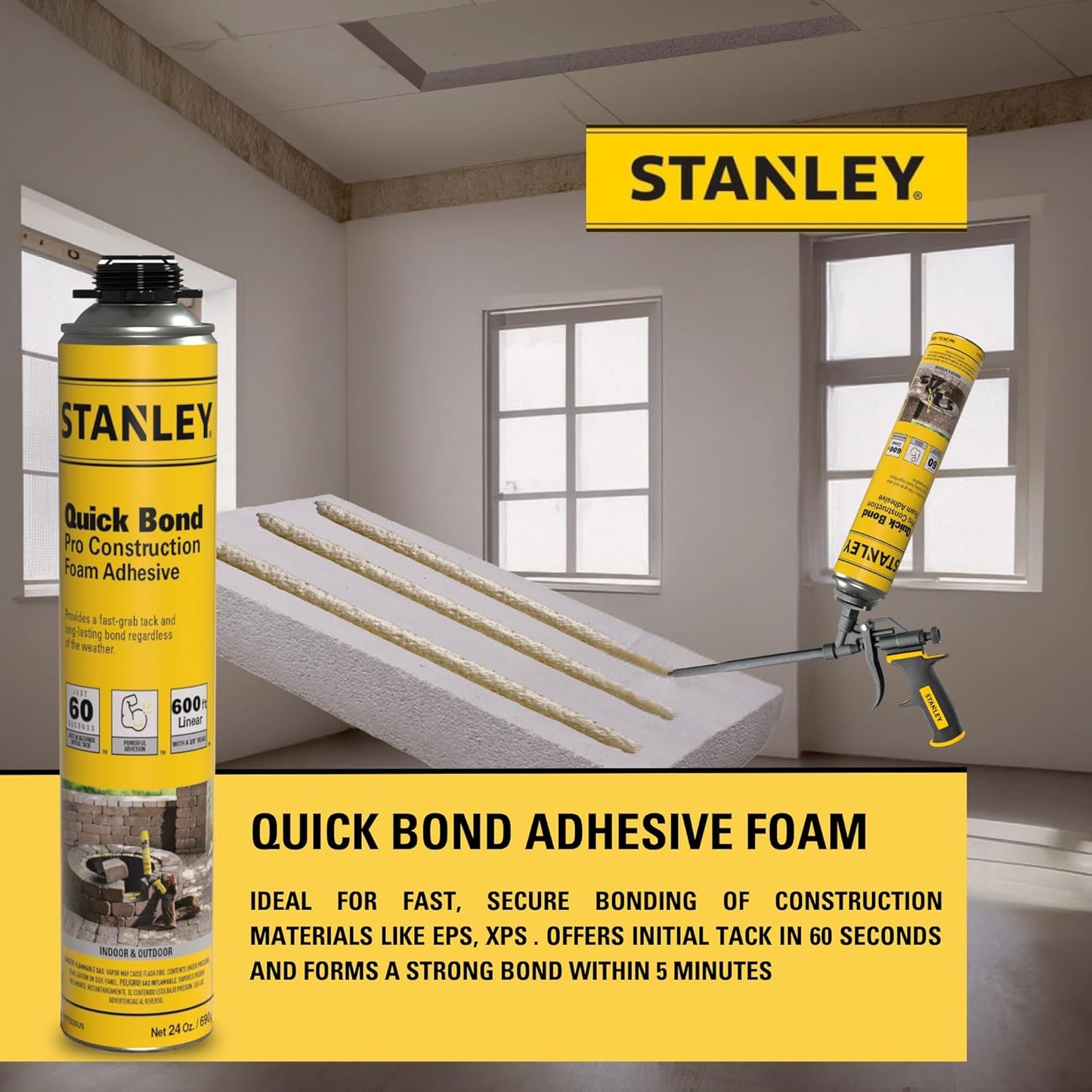 Stanley Quick Bond Adhesive Foam - 1x24oz, Reliable Bond Adhesive for Various Materials, Strong bonding, No Mixing, Gun Use, Including Gun, Cleaner | 1 Pack