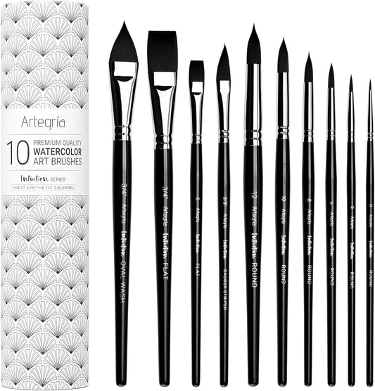 ARTEGRIA Watercolor Brush Set, 10 Professional Soft Synthetic Squirrel Paint Brushes, Including Pointed Rounds, Flats, Dagger, Oval Wash