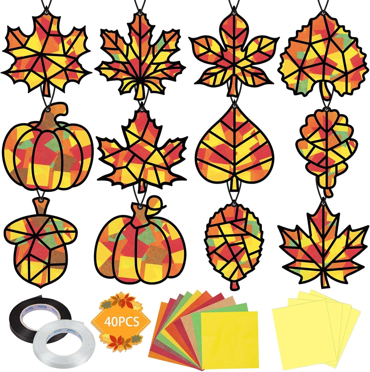Renbuzhu 40PCS Fall Crafts Bulk: Leaves Pumpkins Paper Suncatchers DIY Kit for Autumn Thanksgiving Activities Decorations, Window Stained Glass Effect Art Supplies(Black Frame)