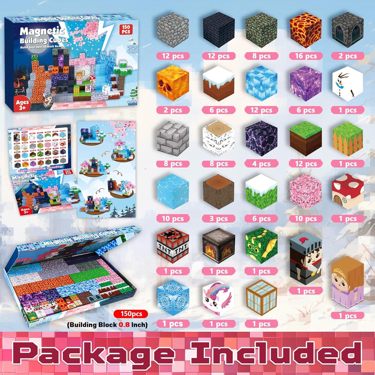 Magnetic Blocks-150PCS Magnetic Building Blocks Magnet Cubes Stacking Dark Forest Glacier Castle, STEM Montessori Sensory Toys for Kids Boys Girls Ages 4-8 Holiday Birthday Easter Gifts