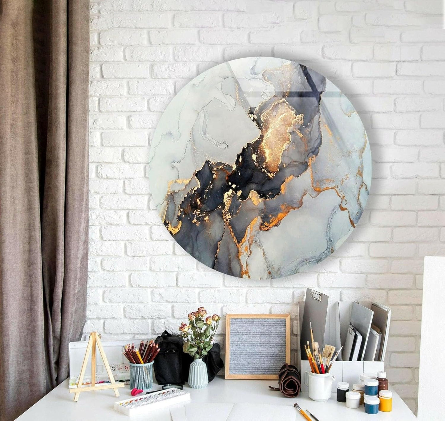 My Photostation.com 39,4''(100cm) Diameter Gold Details Gray Marble Round Glass Wall Art Tempered Glass Printing Wall Decor Large Wall Art Wall Hangings