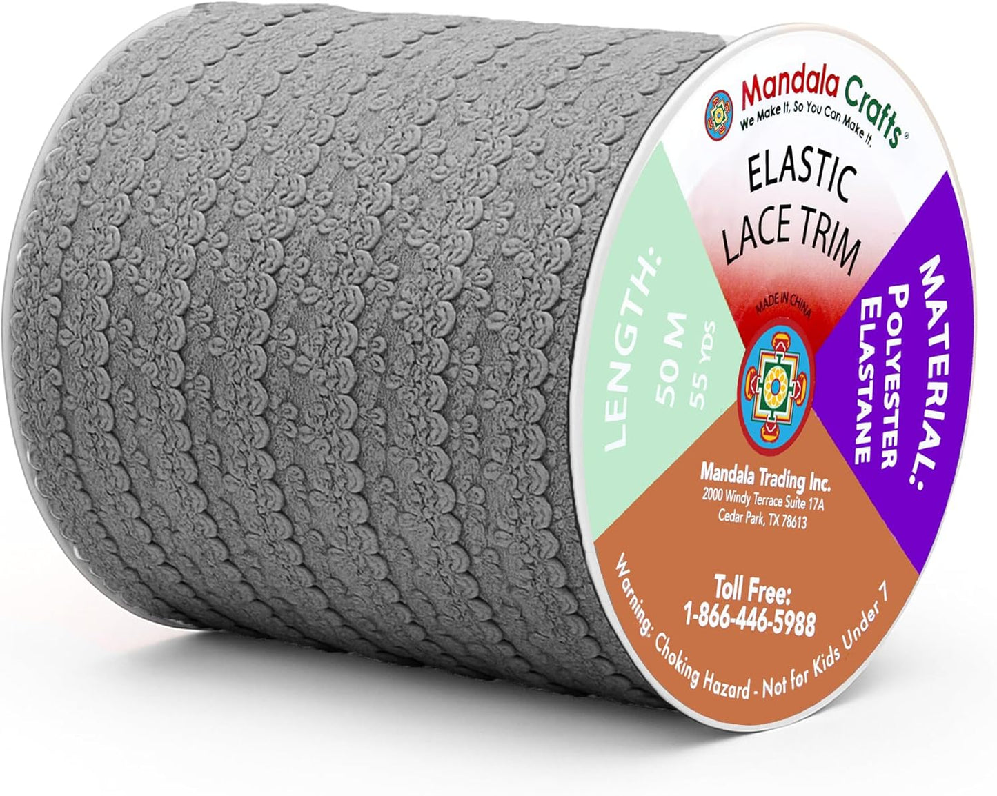 Mandala Crafts Charcoal Stretch Lace Soft Elastic Trim Roll - 55 Yards 1 Inch Wide Stretchy Frilly Picot Ribbon for Sewing Lingerie, Headbands, Underwear, and Crafts